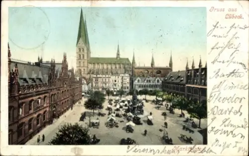 Ak Hansestadt Lübeck, Marktplatz, Rathaus, St. Marien, Postpalast