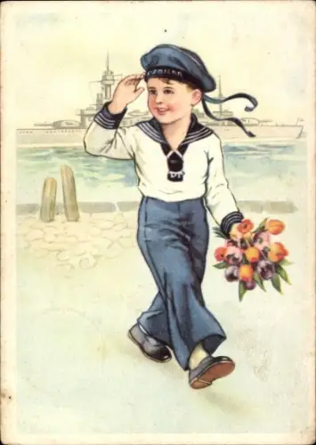 Ak Seemann mit Blumenstrauß, Matrose, Kriegsschiff