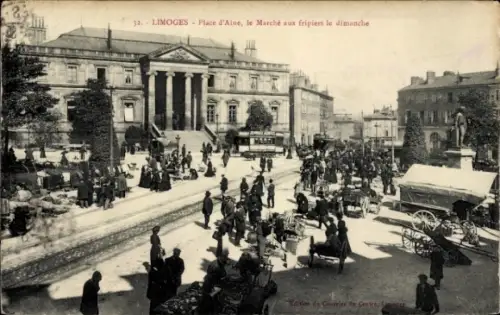 Ak Limoges Haute Vienne, Markt mit Menschen, Wagen, Bäumen, Gebäude im Hintergrund