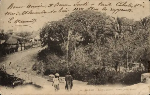 Ak Dakar Senegal,  Garten, Palmen, Menschen, Neujahrswünsche