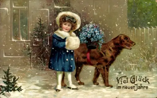 Litho Glückwunsch Neujahr, Mädchen mit Hund