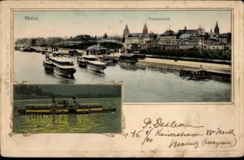 Ak Mainz am Rhein,  Totalansicht, Schiffe auf dem Wasser, farbige Darstellung