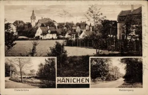 Ak Hänichen Bannewitz Sachsen,  Elsterbrücke, Waldeingang, Gasthof zum Heiter Blick
