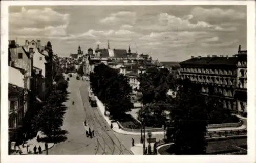 Ak Kraków Krakau Polen, Stadtansicht, Straßenbahn, Bäume,  Gebäude