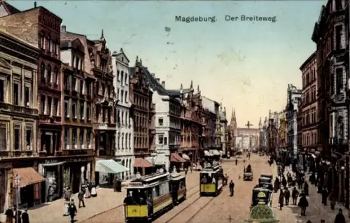 Ak Magdeburg, Breiteweg, Straßenbahnen, Geschäfte, Straßenbahn