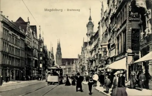 Ak Magdeburg, Breiteweg, Straßenpartie, Straßenbahn