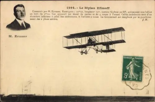 Ak Zivilflugzeug, Doppeldecker Efimoff, Flugpionier