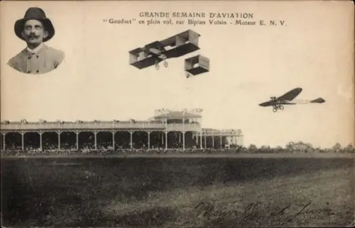 Ak Grande Semaine d'Aviation, Gaudart en plein vol, Biplan Voisin, Flugpionier