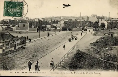 Ak Les Lilas Seine Saint Denis, Panorama der Straße, Straßenbahn, Menschen, Flugzeug, Les Lilas