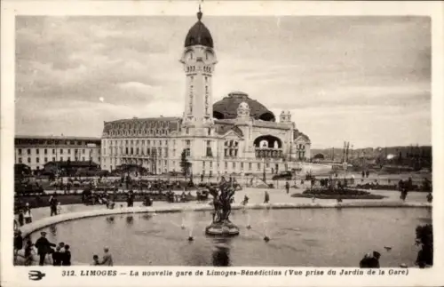 Ak Limoges Haute Vienne, Bahnhof Limoges-Bénédictins, Brunnen, Gartenansicht,  Architektur