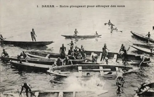 Ak Dakar Senegal,  Menschen im Wasser, Boote, Tauchen, Fischen