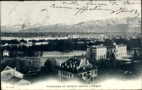 Ak Genf Stadt Schweiz, Panorama von  Blick von der Ariana, Berge im Hintergrund,  Gebäude