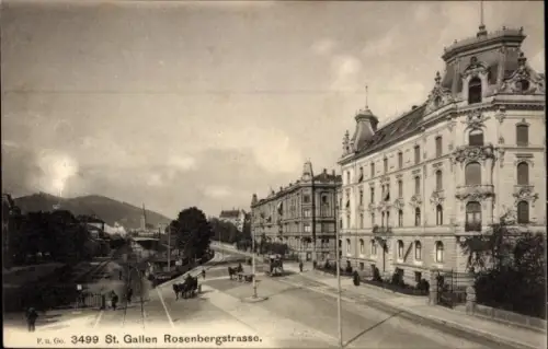 Ak St. Gallen Stadt Schweiz,  Rosenbergstrasse, Straßenansicht, Gebäude, Pferdewagen