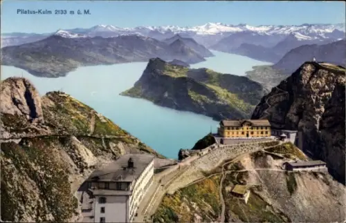 Ak Kanton Luzern Schweiz, Pilatus Kulm, Hotel mit Vierwaldstättersee