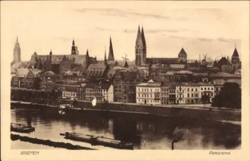Ak Hansestadt Bremen, Panorama von  Fluss, Gebäude, Türme