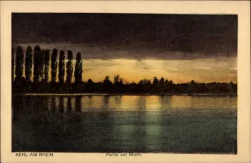 Ak Kehl am Rhein, Landschaft am Rhein, Bäume, Wasseroberfläche, Abenddämmerung