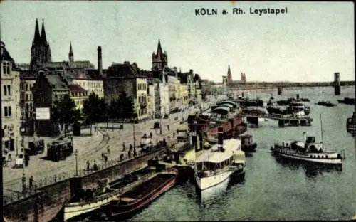 Ak Köln am Rhein, Köln am Rhein, Leystapel, Schiffe, Uferpromenade