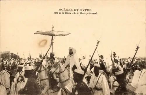 Ak Marokko, Fete de la Hedia, S. M. Moulay Youssef, cheval