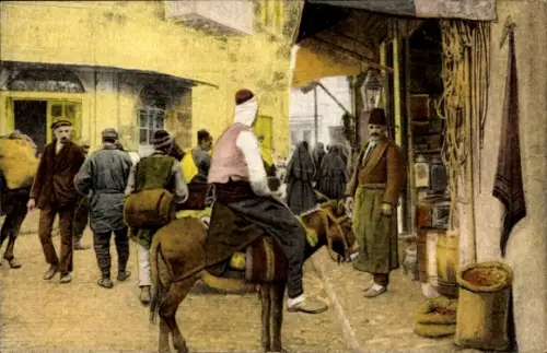 Ak Thessaloniki Griechenland, Souks, Straßenpartie, Esel