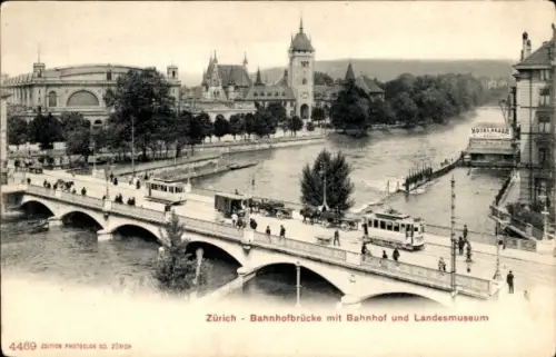 Ak Zürich Stadt Schweiz, Bahnhofbrücke mit Bahnhof und Landesmuseum