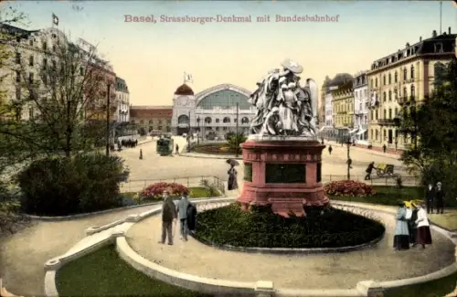 Ak Basel Stadt Schweiz, Strassburger Denkmal mit Bundesbahnhof