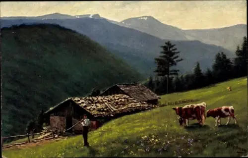 Künstler Ak Hoffmann, H., Hochvogesen Haut Rhin, Melkerei Widenbach mit Rotenbachkopf, Kühe