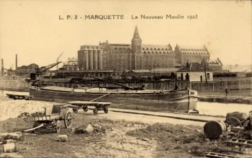 Ak Marquette lez Lille Nord,  Le Nouveau Moulin, 1923, Boot auf Kanal, Industriegebäude im Hinter