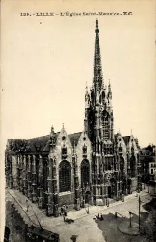 Ak Lille Nord, L'Église Saint-Maurice, gotische Architektur, hohe Spitze