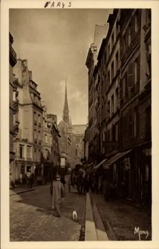 Ak Paris I Ile de la Cité, La Conciergerie, Straße in  Notre-Dame, Menschen, Pferdewagen, sepia