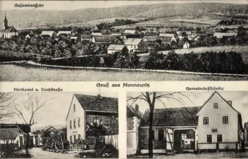 Ak Mennewitz Stadtroda in Thüringen, Gesamtansicht, Molkerei, Dorfstraße, Gemeindeschänke