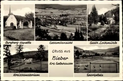 Ak Bieber Offenbach am Main Hessen, Burgberg-Kapelle, Gesamtansicht, Gasth. Lochmühle