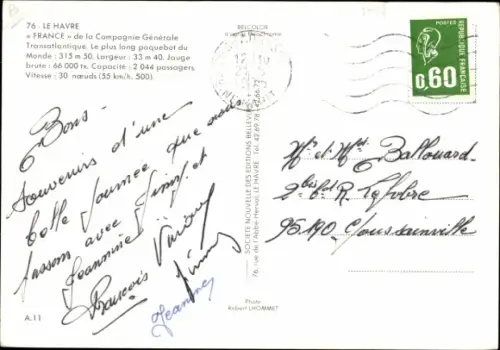 Ak Dampfer France, CGT French Line, Passagierschiff, Wappen