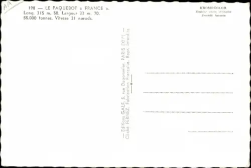 Ak Paquebot France, Dampfschiff auf See, CGT, French Line