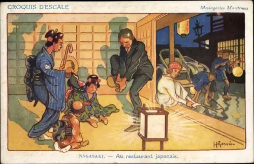 Künstler Ak Gerwin, Nagasaki Präfektur Nagasaki Japan, Au restaurant japonais, Messageries Maritimes