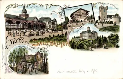 Litho Szczawno Zdrój Bad Salzbrunn Schlesien, Neue Elisenhalle, Schweizer Idahof, Wilhelmshöhe