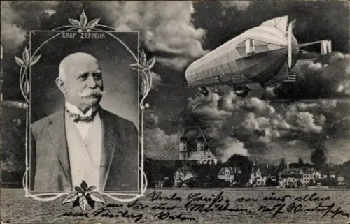 Ak Ferdinand Graf von Zeppelin, Luftschiff über einem Ort