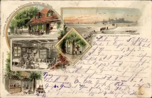 Litho Großreuth hinter der Veste Nürnberg in Mittelfranken Bayern, Lutz'sches Kaffeehaus