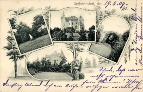 Ak Großröhrsdorf, Schloß, Tennisplatz, Park m. Statue