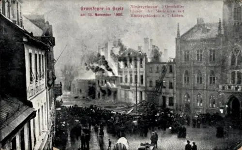 Ak Greiz im Vogtland, Brand am Markt November 1908, Großfeuer