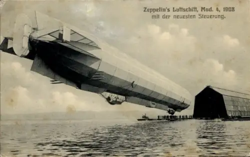 Ak Zeppelins Luftschiff, Modell 4 1908 mit der neuesten Steuerung