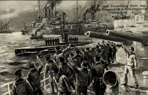 Künstler Ak Jensen, T., Deutsches U Boot, U 9 nach Vernichtung dreier engl. Kriegsschiffe