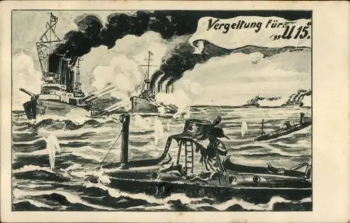 Ak Kreuzer Straßburg und Stralsund bringen ein englischen U-Boot zum Sinken