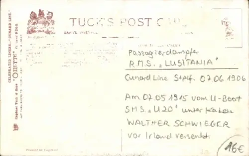 Künstler Ak Dampfschiff SS Lusitania, Cunard Line, Tuck 9268