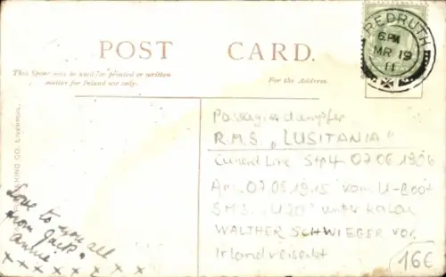 Ak Passagierdampfer R.M.S. Lusitania, Cunard Line