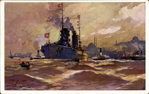 Künstler Ak Heusser, Harry,  Konstantinopel, Flaggengala im Hafen, Schlachtschiff Yavuz Sultan Selim
