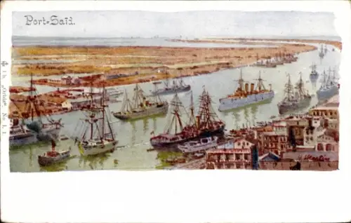 Künstler Ak Port Said Ägypten, Panorama, Kriegsschiffe