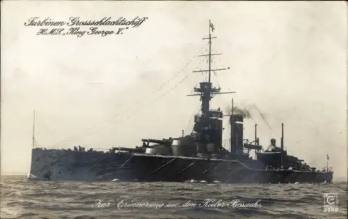 Ak Britisches Kriegsschiff HMS King George V., Turbinen Großschlachtschiff, Royal Navy, Kieler Woche