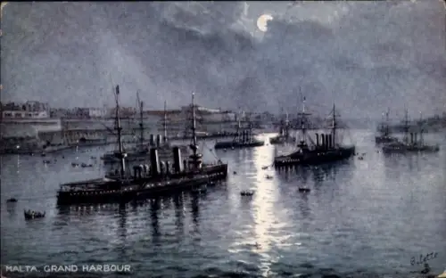 Künstler Ak Malta, Großer Hafen bei Nacht, Kriegsschiffe