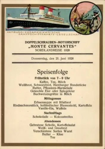 Ak Doppelschrauben-Motorschiff Monte Cervantes, HSDG, Speisenfolge