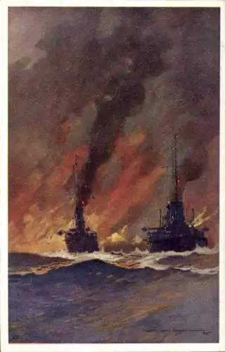 Künstler Ak Heusser, Harry, Türkische Kriegsschiffe, Zerstörung Petroleumreservoirs von Noworosisk